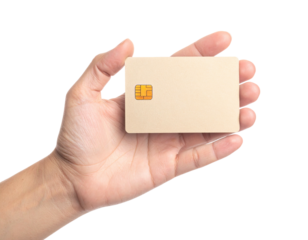 Human hand holds a blank, golden rectangular card with an embedded chip, black background