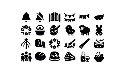 Fototapeta premium vector solid black filled icons Spring (celebrations) bell on bell off gate open gate closed fest active fest inactive flower crown egg basket egg paint toy lamb toy bunny toy maypole pole