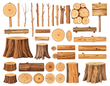 Collection of various cut and shaped wood pieces, including logs, branches, and tree stumps
