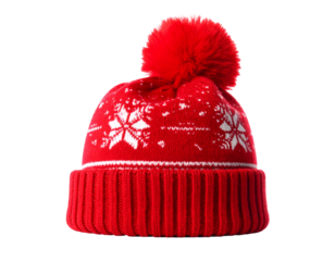A vibrant, red knit hat with a folded brim and snowflake pattern topped with a pom-pom