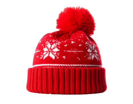 A vibrant, red knit hat with a folded brim and snowflake pattern topped with a pom-pom