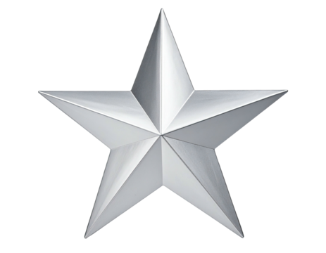A detailed, isolated silver five-pointed star, featuring intricate metallic gradients, against a black background