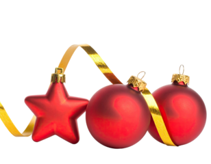 A shiny red star and two ornaments accented by a golden ribbon, against a black background