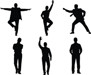 Silhouette people poses collection, human body gestures, standing dancing balance action movement, casual posture illustration, expressive figure communication concept design