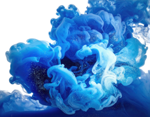 Abstract close-up of swirling blue smoke or liquid with glitter on a black background
