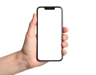 Hand holding a modern smartphone with a blank white screen against a black background