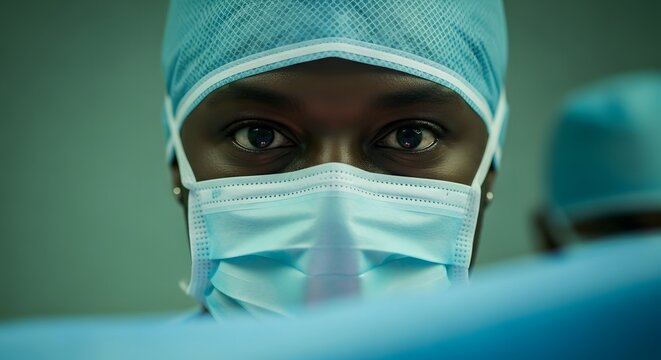Closeup of a black woman surgeon wearing a surgical mask and cap, focused on the eyes