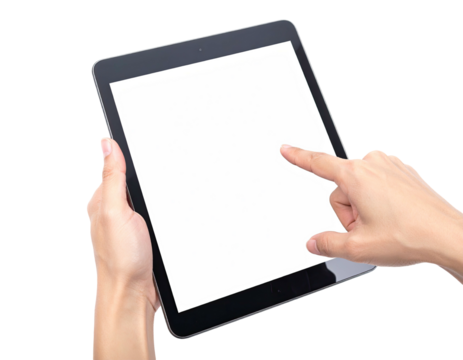 Close-up view of a tablet computer held in two hands, finger touching the screen