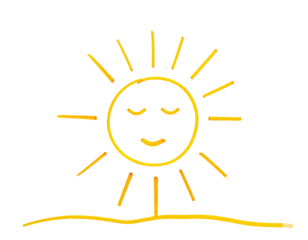 A simplistic hand-drawn, cartoon-like sun with a smiling face, resting above a curved horizon