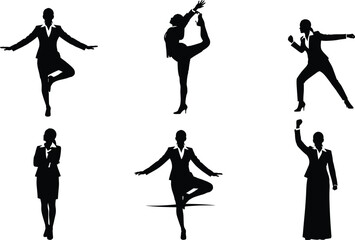 Business silhouettes in yoga, dance, martial arts, meditation, celebration, professional poses, corporate wellness, balance, strength, mindfulness, success, teamwork, lifestyle