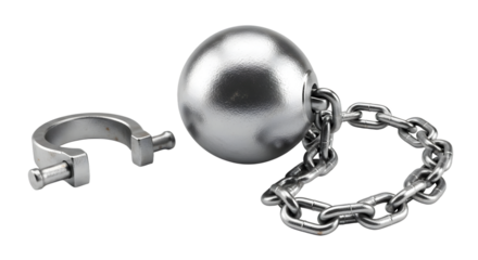 Metal ball and chain with shackle isolated on transparent background