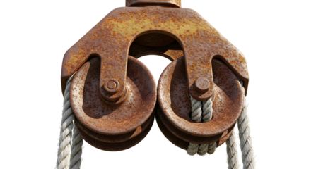 Old rusty double pulley block with rope isolated on transparent background