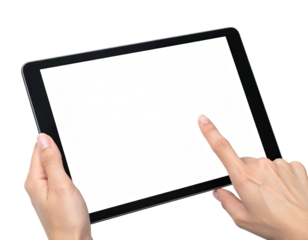 Person's hands holding a tablet with a bright white screen, using finger to touch