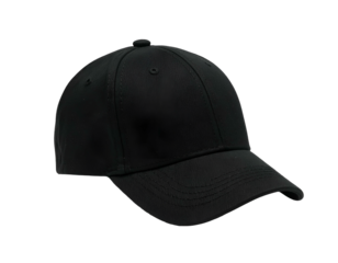 Plain black headwear with a curved bill, common in casual or sporty attire