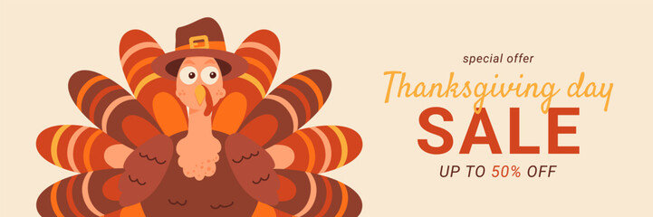Thanksgiving Day sale web banner template. Give thanks promo offer. Seasonal discount up to 50 off. Fall season shopping background. Cartoon funny turkey