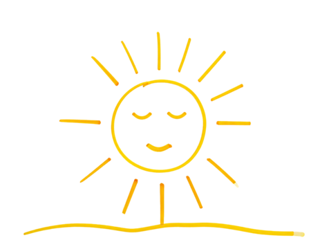 A simplistic hand-drawn, cartoon-like sun with a smiling face, resting above a curved horizon