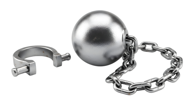 Metal ball and chain with shackle isolated on transparent background