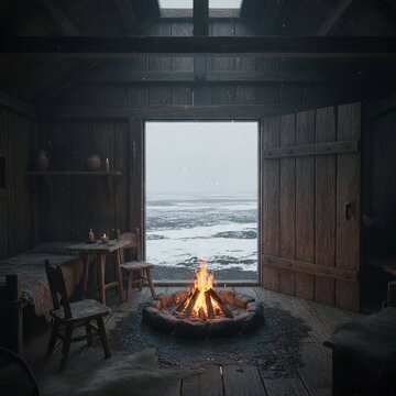 man sitting in a fireplace