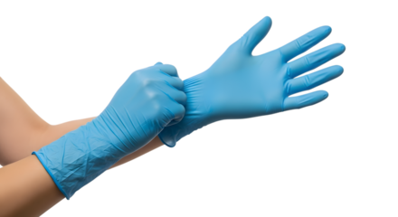 Person putting on blue nitrile gloves isolated on transparent background