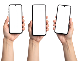 Three smartphones with blank white screens held by hands against a dark background