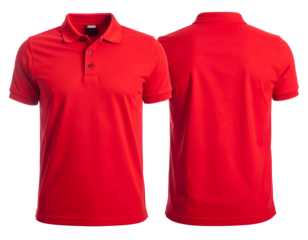 A bright red polo shirt, shown from the front and back, on a transparent background