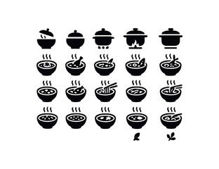 vector solid black filled icons Dishes (soups) lid open lid closed burner on burner off simmer active simmer inactive tomato soup chicken soup miso soup corn chowder beef stew fish stew pea