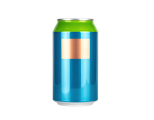 Isolated soda can, vivid turquoise and green color scheme, with blank label for product branding