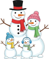 A Happy Family of Snowmen Enjoying a Winter Day Together.