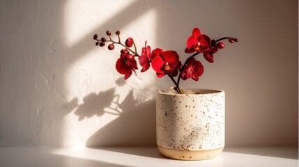 Deep red orchid in beige speckled ceramic pot, warm lighting, natural minimal aesthetic