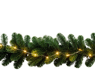 Festive green garland with tiny warm lights, set against a stark black background