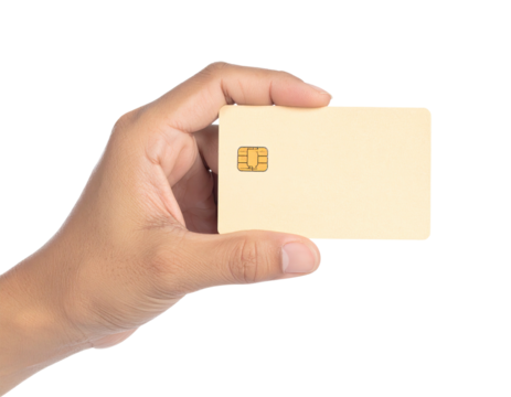 A hand holding a blank, golden-colored smart card with an embedded chip against a black backdrop