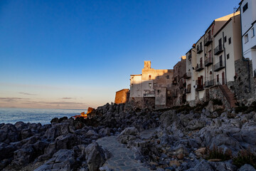 Panoramic realistic view of Cefalu, Sicily, Italy, Mediterranean, Europe. Winter time