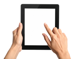 Person holding a black rectangular device with a blank white screen, two fingers touching it