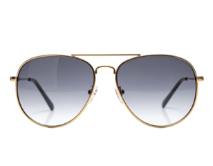 Aviator-style sunglasses with a gradient-tinted lens and a gold metal frame against a black background