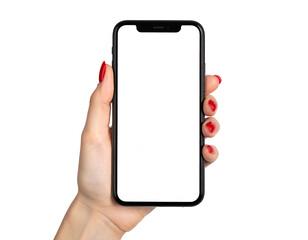A hand with red fingernails holds a modern black smartphone with a blank screen
