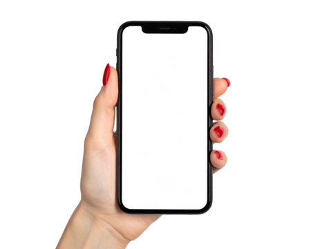A hand with red fingernails holds a modern black smartphone with a blank screen