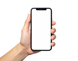 A hand holding a mobile device with a bright white screen against a black background