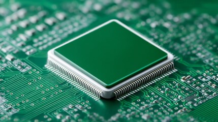 A close view of a computer chip resting on a vivid green circuit board, surrounded by intricate connections and pathways. This technology showcases data processing in action