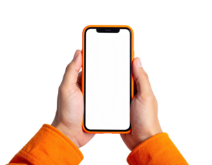 A pair of hands holding a smartphone with a blank white screen, set against a black background
