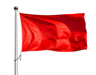 A vibrant, crimson flag unfurls on a pole, billowing in the wind against a stark black backdrop