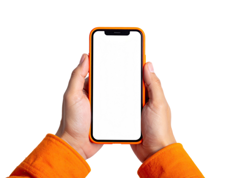 A pair of hands holding a smartphone with a blank white screen, set against a black background