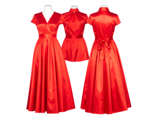 Three full-length formal dresses, displayed front and back, in luxurious vibrant red fabric
