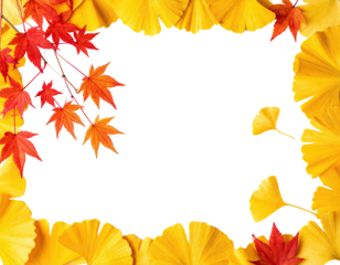 Border of colorful autumn leaves; red and yellow arranged around a black rectangle