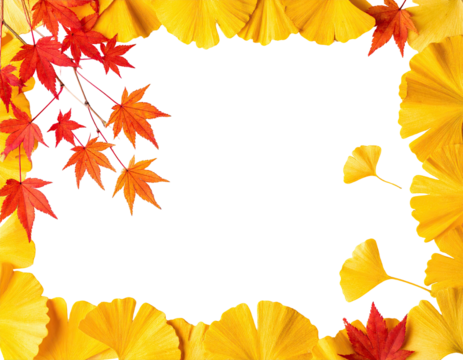 Border of colorful autumn leaves; red and yellow arranged around a black rectangle