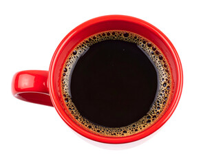 Overhead shot of a red mug filled with dark, aromatic, freshly brewed coffee