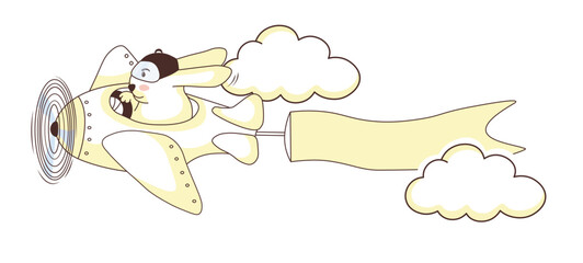 rabbit in an aviation helmet is flying on an airplane. Vector illustration. The doodle. Kawaii is an animal. Cute drawing of a pilot for a child. artline.