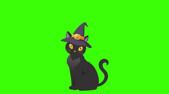 a flat-style icon of a black cat with glowing yellow eyes and a curled tail wearing a witch hat, no background.