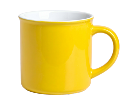 Studio shot of a vibrant yellow ceramic mug with a white interior and a curved handle