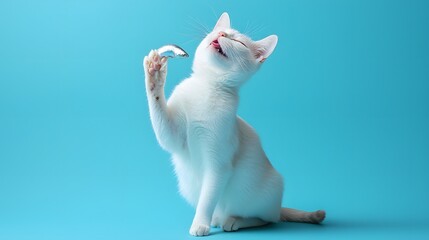 Playful White Cat Enjoying Fish on Bright Blue Background