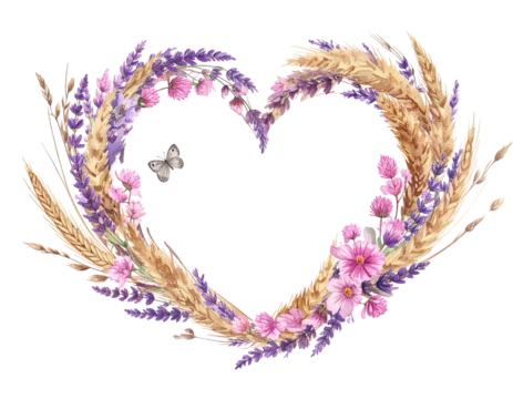 Romantic floral heart illustration with lavender, flowers, wheat, and butterfly on black background